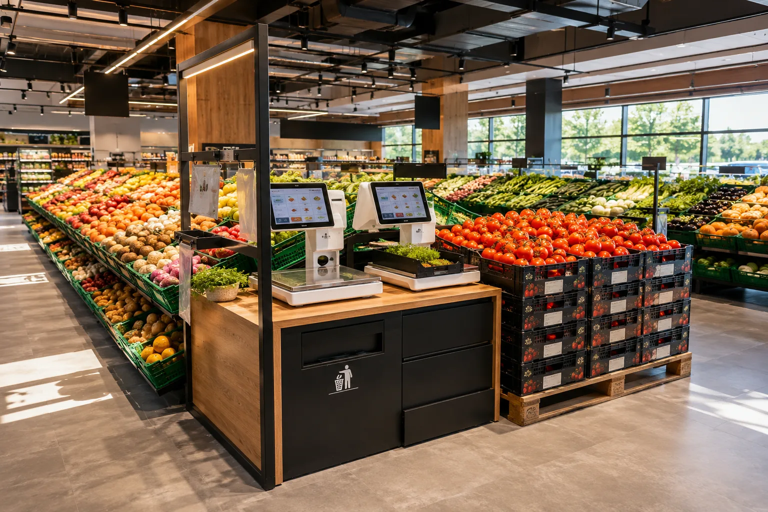 Fresh-produce aisles and a self-service weighing station in a bright modern grocery store.