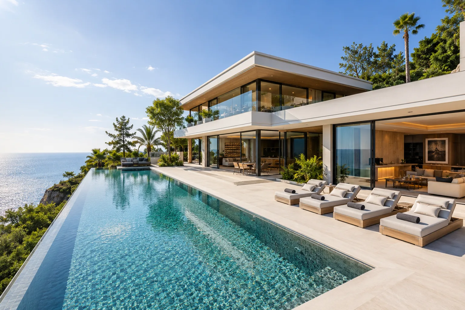 A luxury clifftop villa with an infinity pool overlooking the sea.