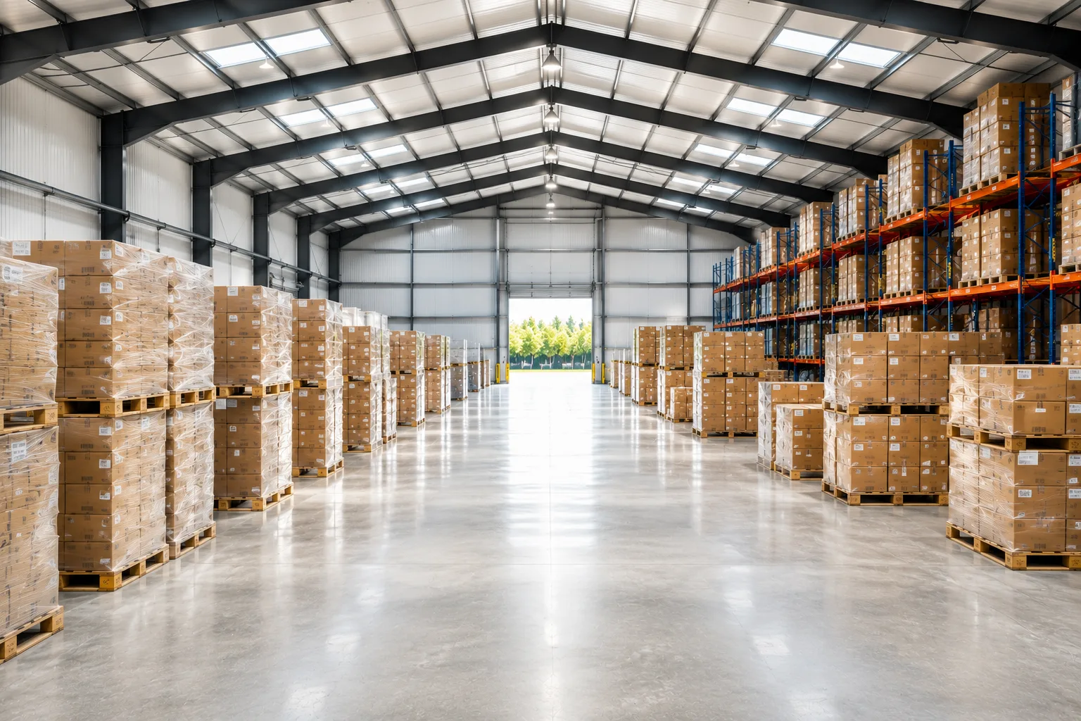A large distribution warehouse with tall pallet racking stacked with boxed goods.